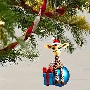 Santa Hat 🦒 Giraffe w Present Shaped 2D Acrylic Ornament Pendant